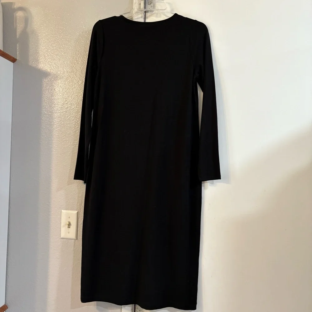 Eileen Fisher Petite Small SP Stretch Jersey Knit Jewel Neck Dress Black Midi - Picture 4 of 9
